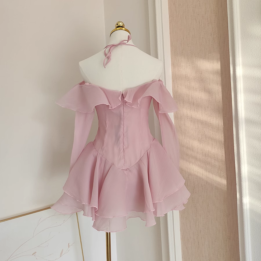 Sexy A Line Halter Ruffles Pink Vacation Dresses Short Chiffon Birthday Outfits