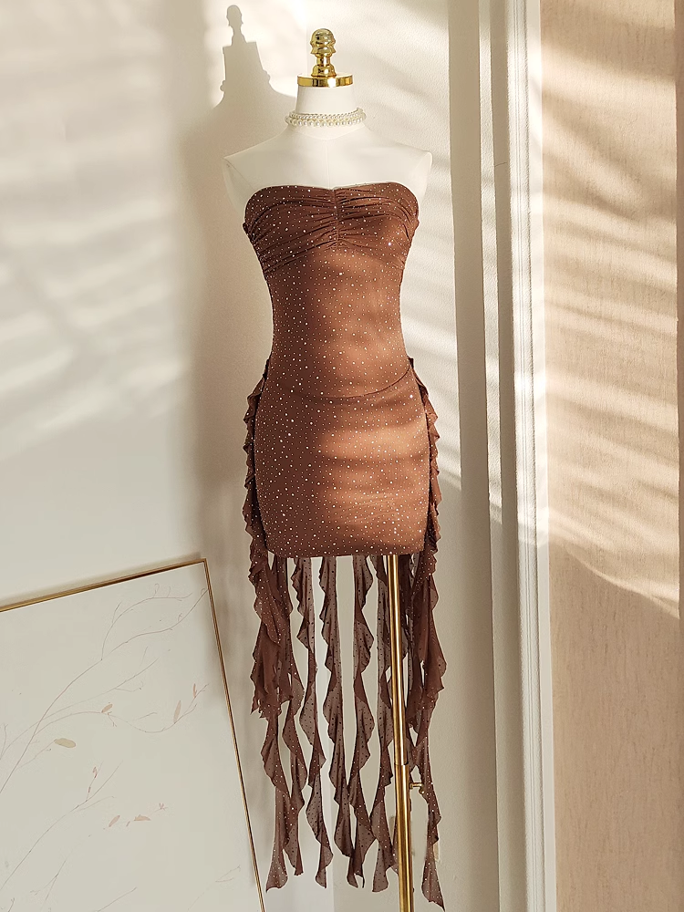 Sexy Sheath Strapless Ruffles Tulle Brown Vacation Dresses Short Birthday Outfits