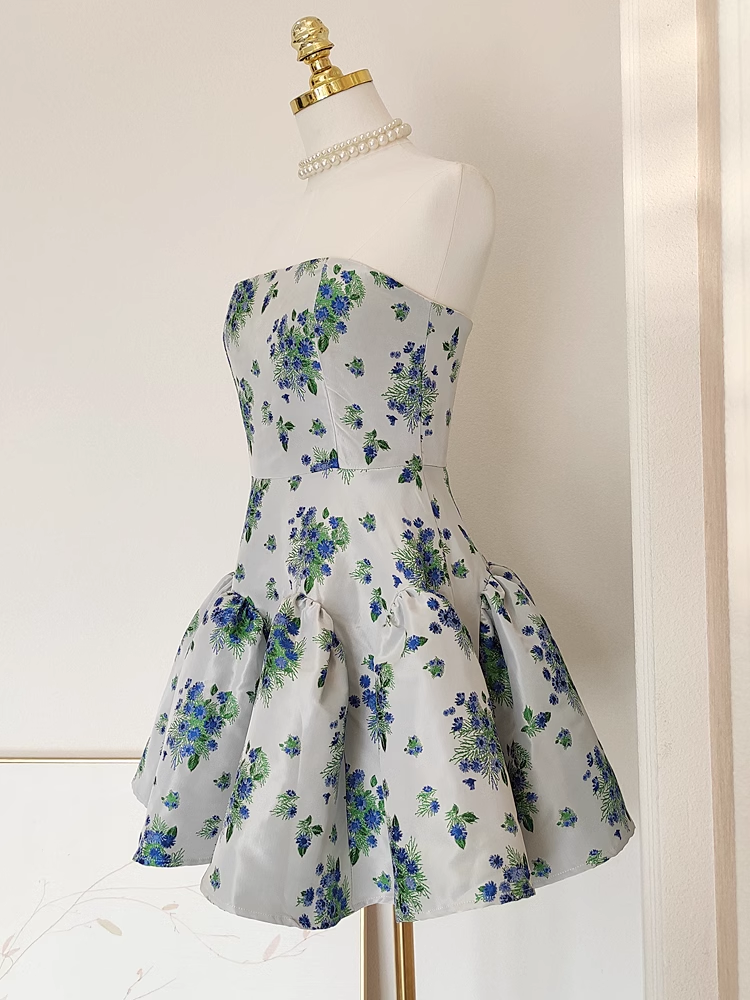 Cute A line Strapless Sleeveless Blue Floral Party Dress Short Birthday Dresses