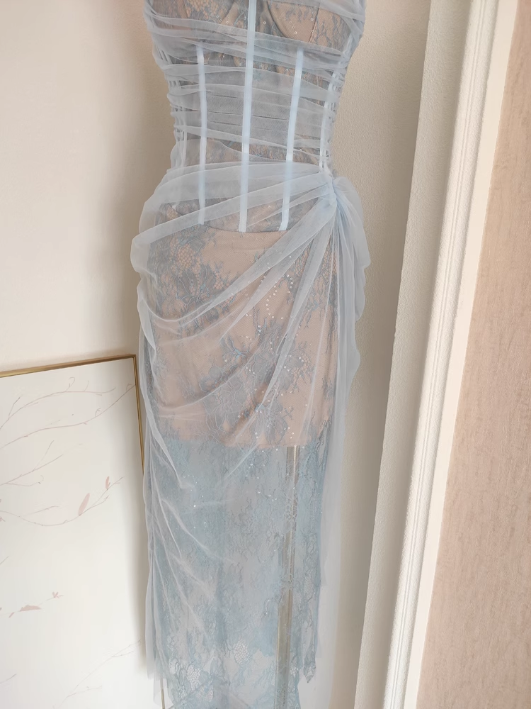 Sexy Sheath One Shoulder Light Sky Blue Tulle Lace Dinner Party Dresses Birthday Outfits