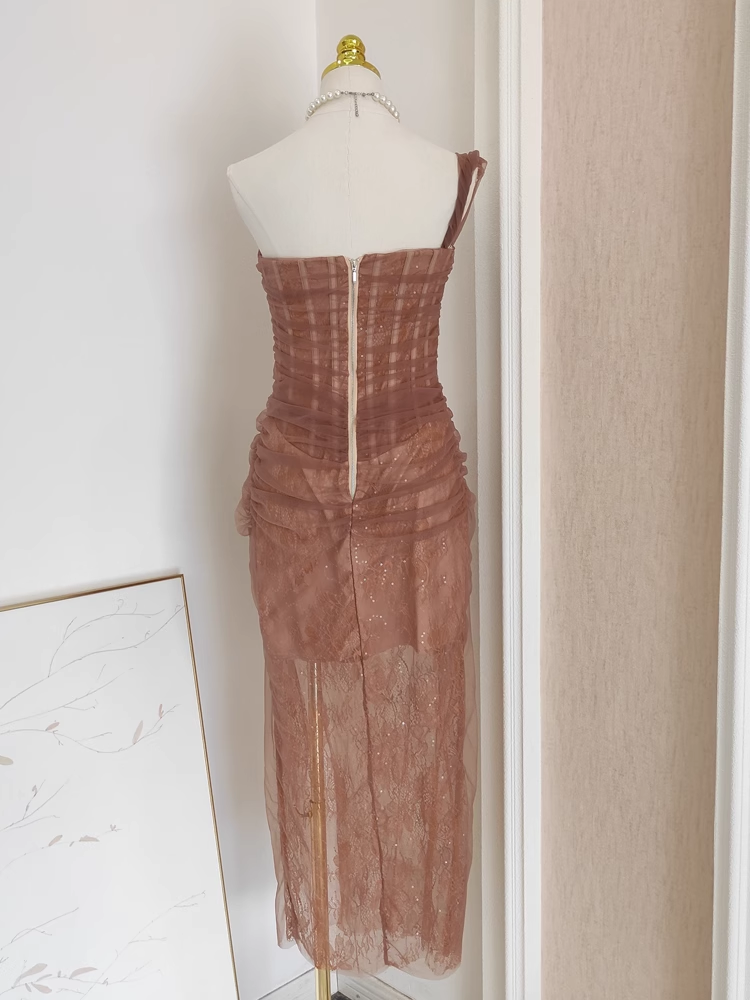 Sexy Sheath One Shoulder Brown Tulle Lace Dinner Party Dresses Birthday Outfits