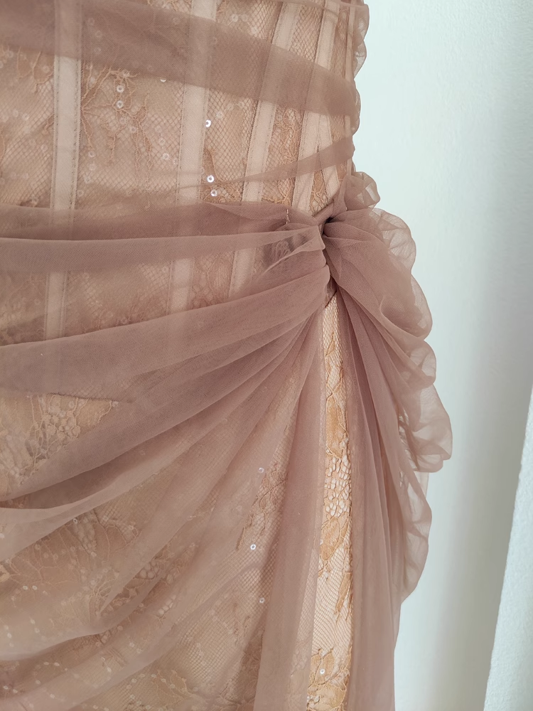 Sexy Sheath One Shoulder Brown Tulle Lace Dinner Party Dresses Birthday Outfits