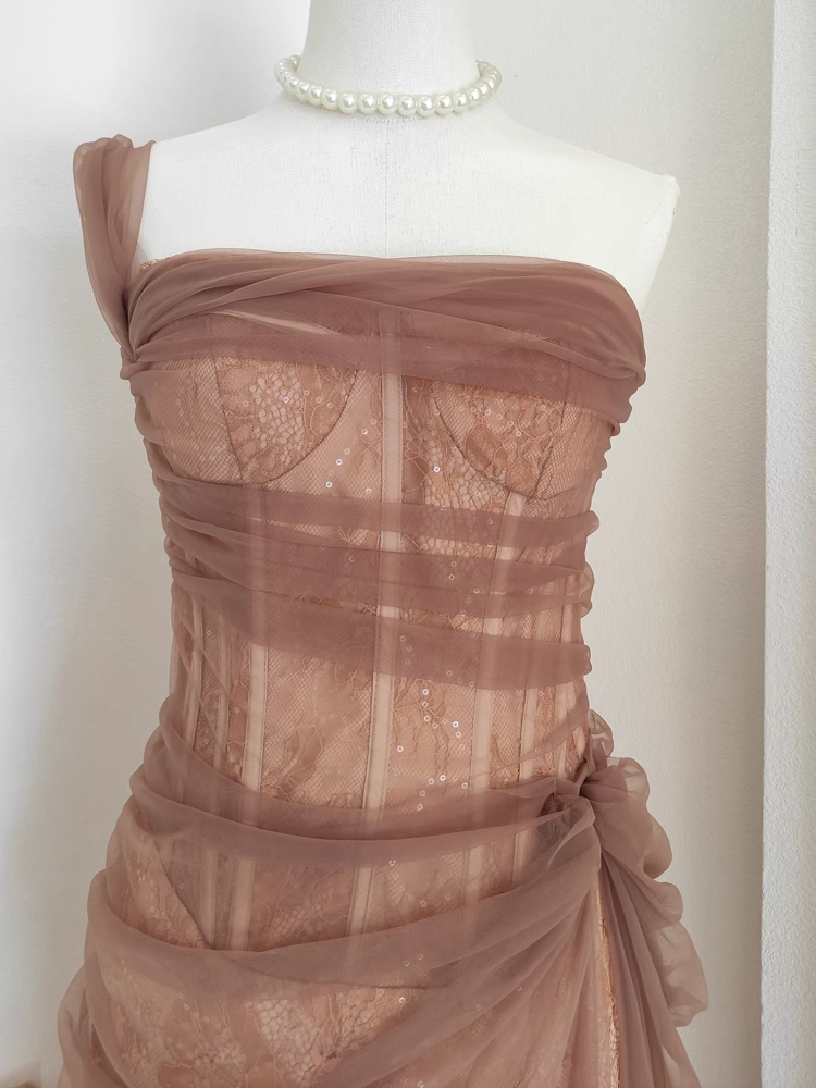 Sexy Sheath One Shoulder Brown Tulle Lace Dinner Party Dresses Birthday Outfits