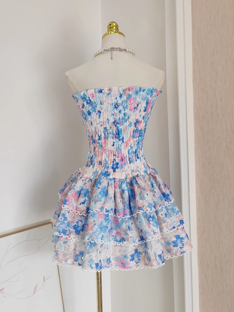 Cute A line Strapless Sleeveless Blue Floral Cocktail Dress Short Birthday Outfits