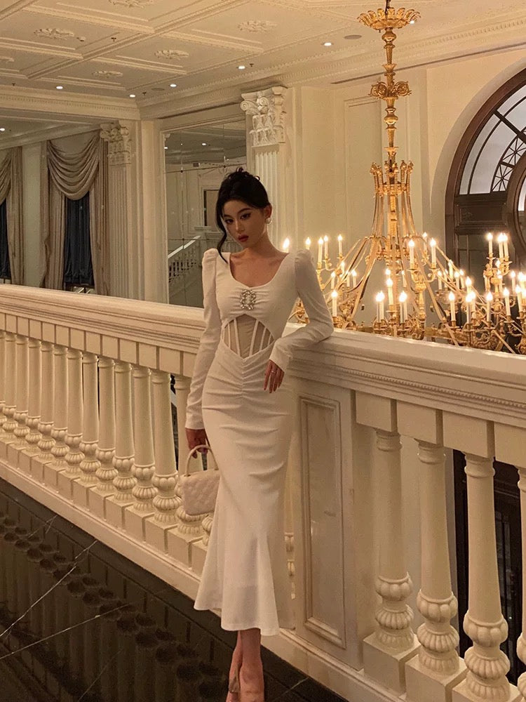 Sexy Sheath U Neckline White Long Sleeves Prom Dresses Birthday Dress
