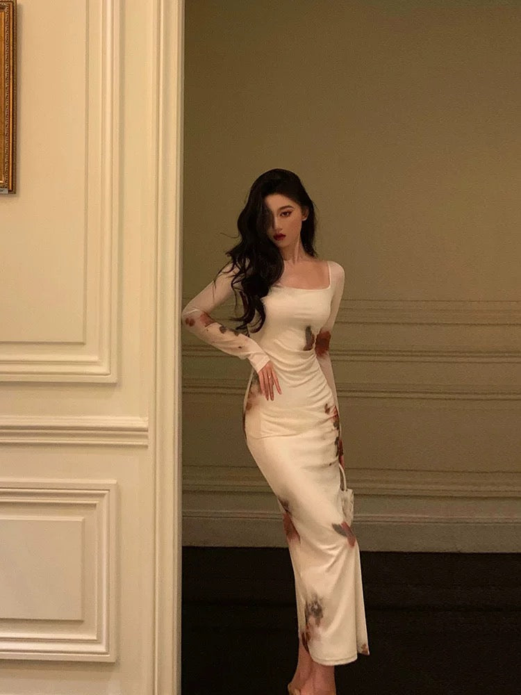 Sexy Sheath Square Neckline Long Sleeves Slit Floral Prom Dresses Birthday Dress