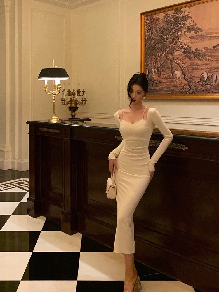 Sexy Sheath Straps Long Sleeves White Ankle Length Prom Dresses Birthday Dress