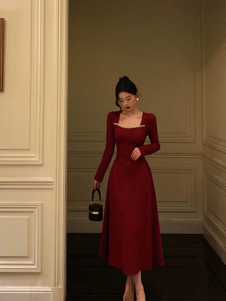 Simple A line Square Neckline Long Sleeves Red Prom Dresses Birthday Dress