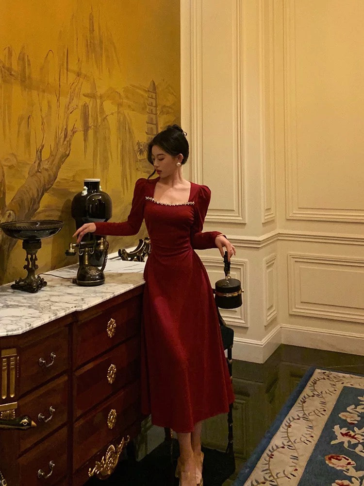 Simple A line Square Neckline Long Sleeves Red Prom Dresses Birthday Dress