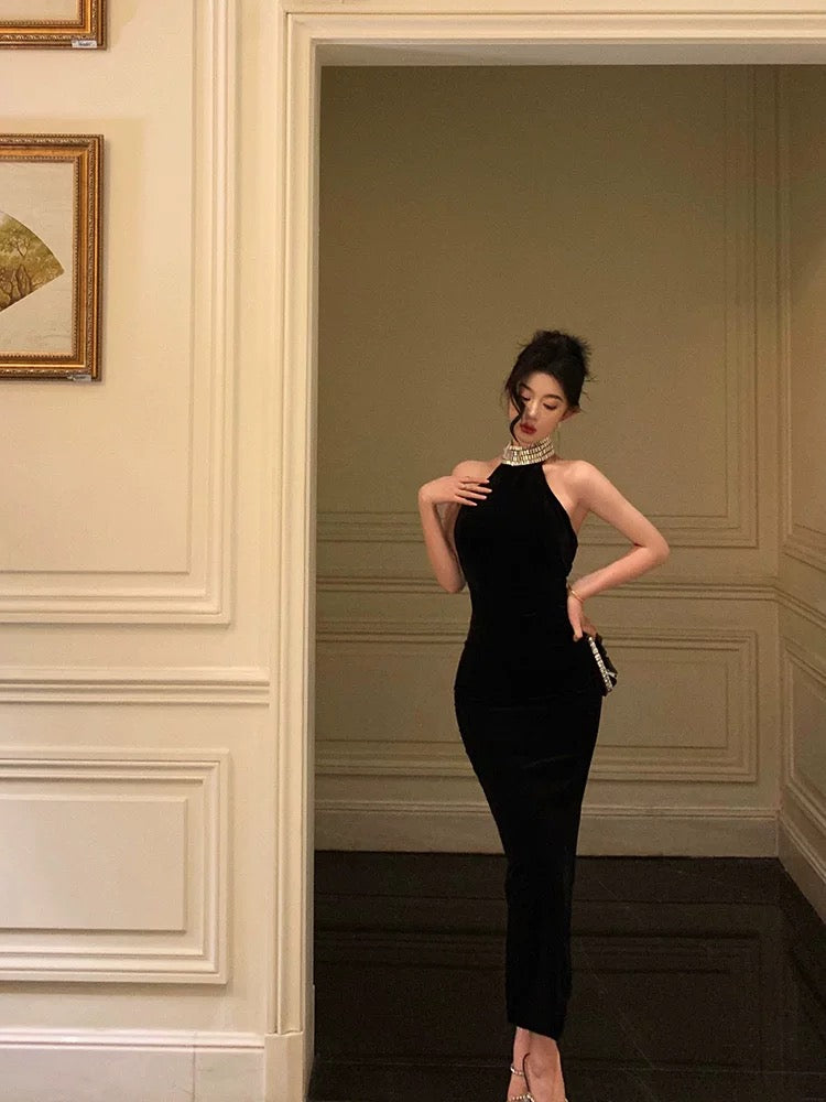 Sexy Sheath High Neckline Black Beads Ankle Length Prom Dresses Birthday Dress