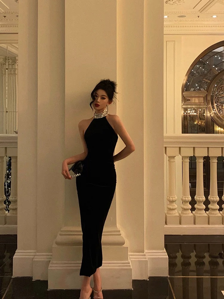 Sexy Sheath High Neckline Black Beads Ankle Length Prom Dresses Birthday Dress