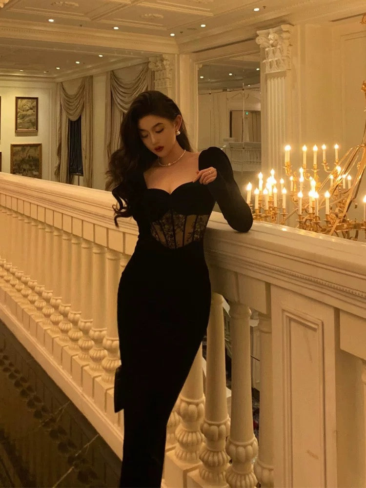 Sexy Sheath Sweetheart Velvet Black Long Sleeves Prom Dresses Evening Dress