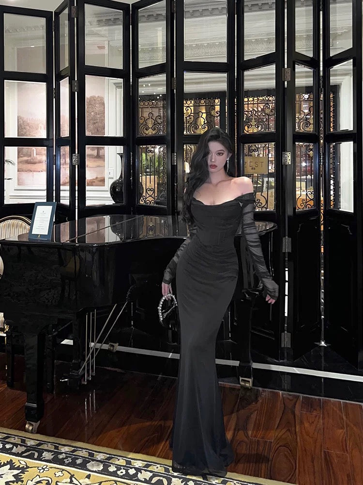 Sexy Sheath Off The Shoulder Black Long Sleeves Prom Dresses Evening Dress