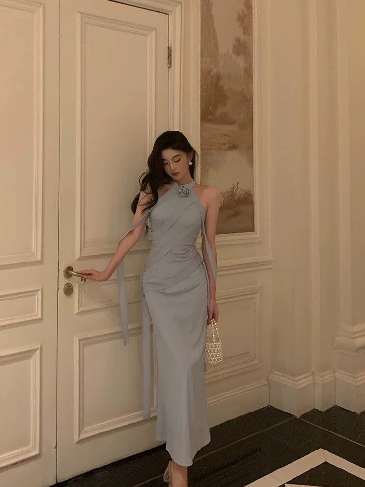Sexy Sheath High Neckline Dusty Blue Satin Flowers Long Prom Dresses Evening Dress