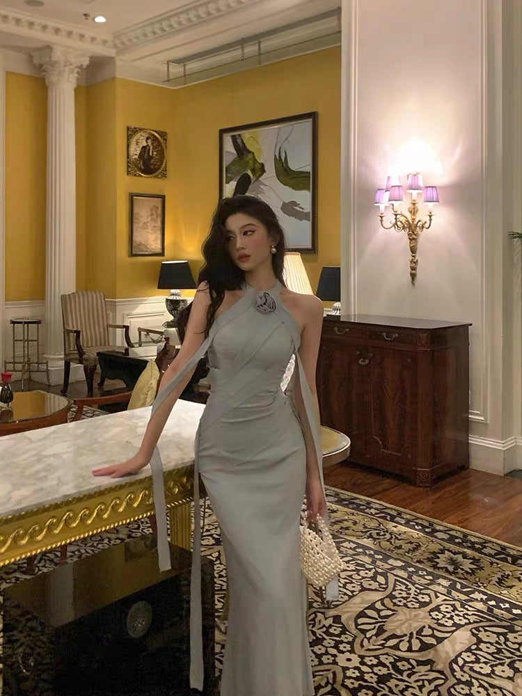 Sexy Sheath High Neckline Dusty Blue Satin Flowers Long Prom Dresses Evening Dress
