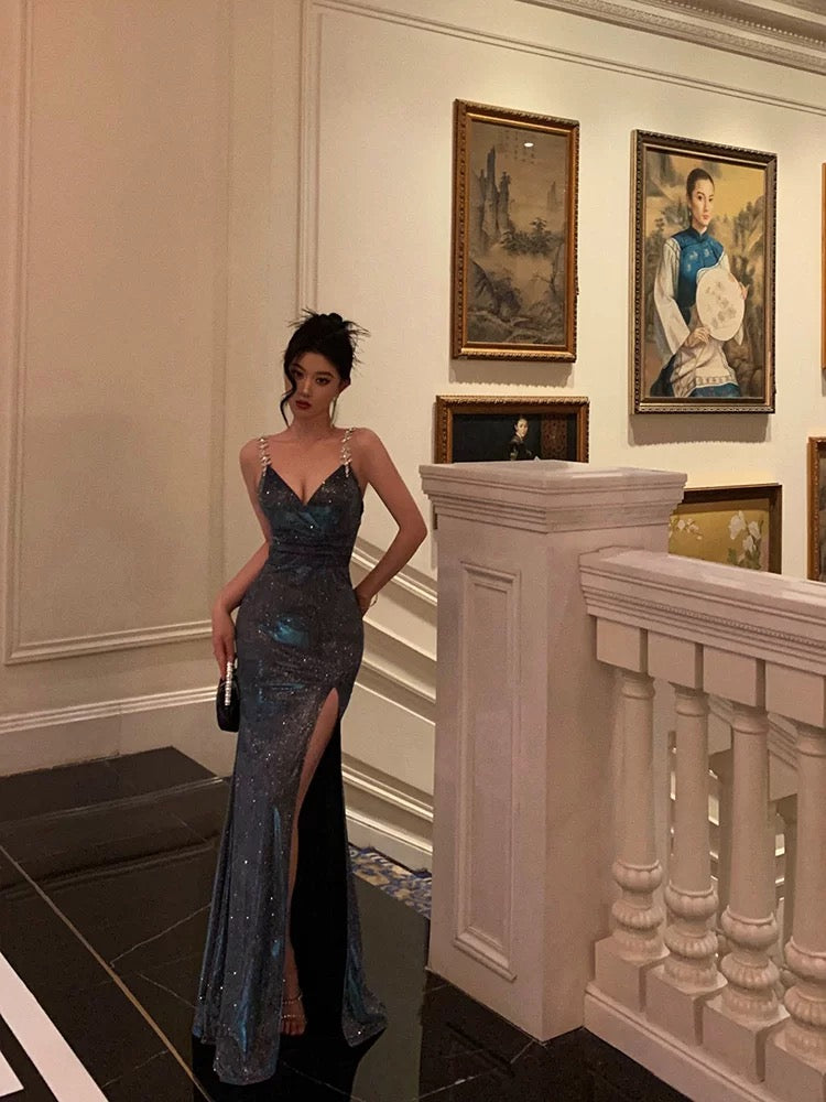 Sexy Sheath Straps Sequin Blue Slit Long Prom Dresses Evening Dress
