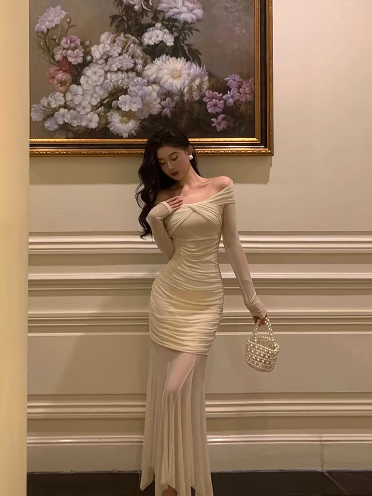 Modest Sheath Off The Shoulder Long Sleeves Beige Prom Dresses Evening Dress