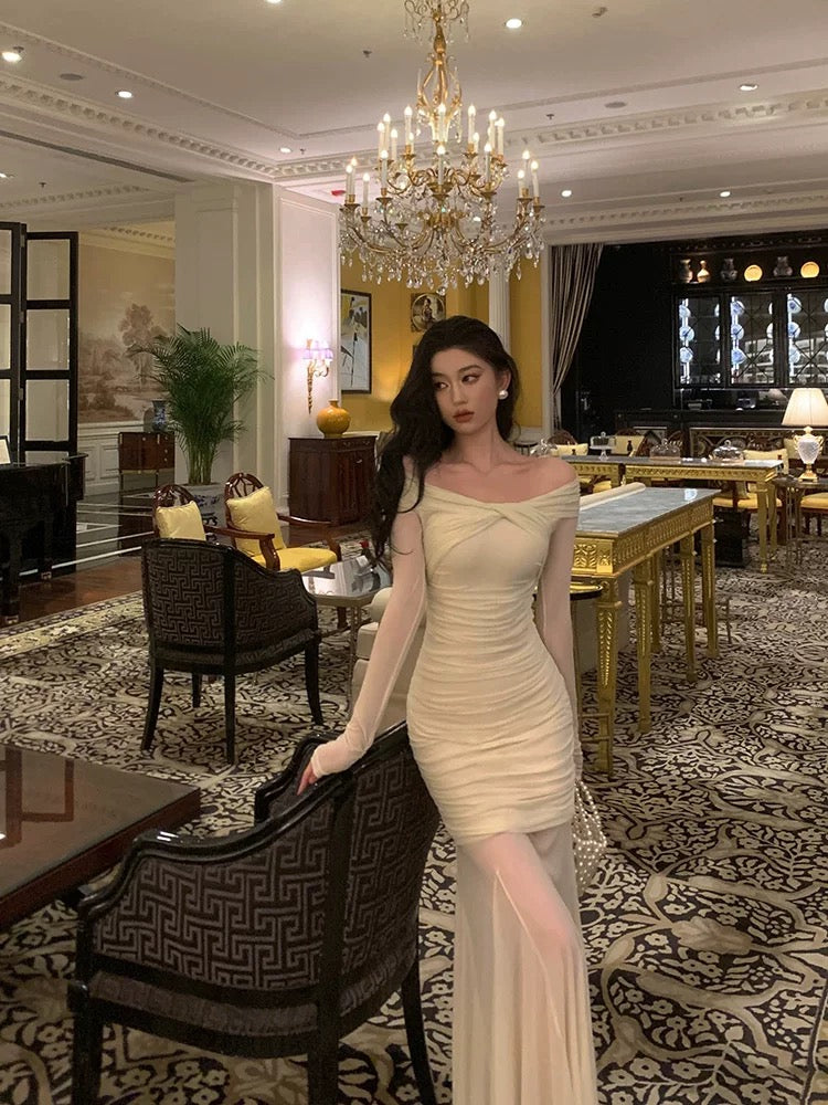Modest Sheath Off The Shoulder Long Sleeves Beige Prom Dresses Evening Dress