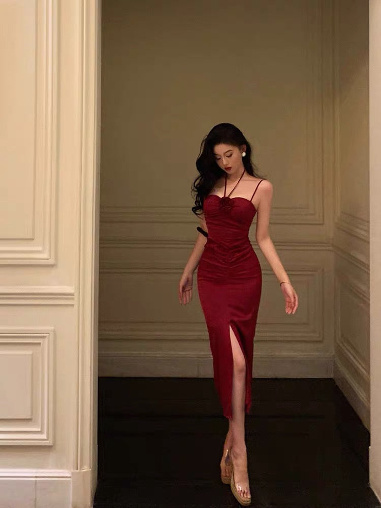 Sexy Sheath Halter Red Ankle Length Slit Prom Dresses Birthday Dress