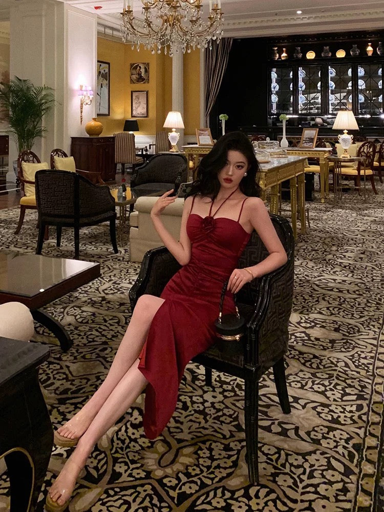 Sexy Sheath Halter Red Ankle Length Slit Prom Dresses Birthday Dress