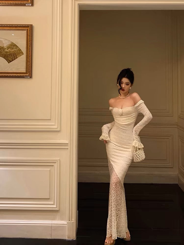 Modest Sheath Off The Shoulder Long Sleeves Lace Prom Dresses Evening Dress