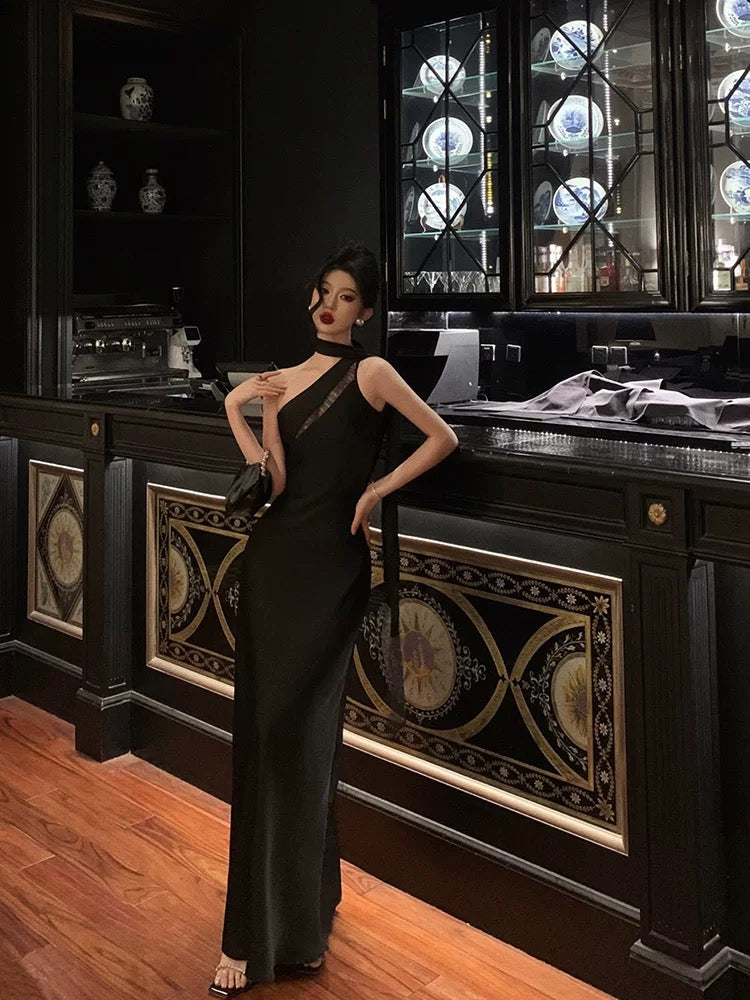 Sexy A Line One Shoulder Black Floor Length Prom Dresses Birthday Dress