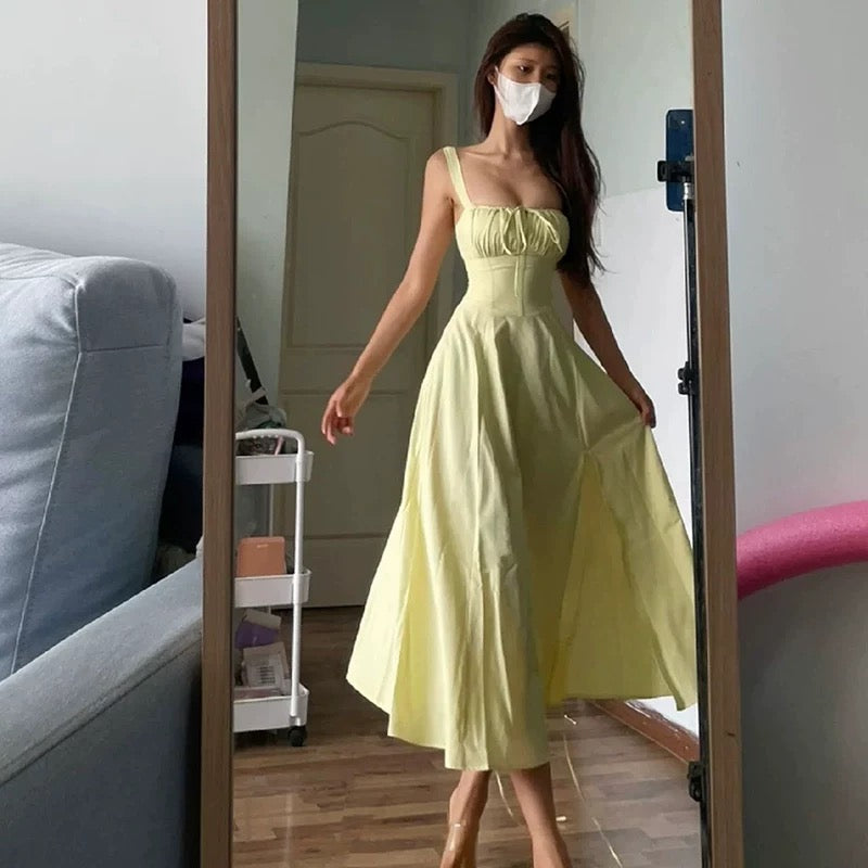Cute A line Straps Ruffled Yellow Ankle Length Women's Vacation Dresses