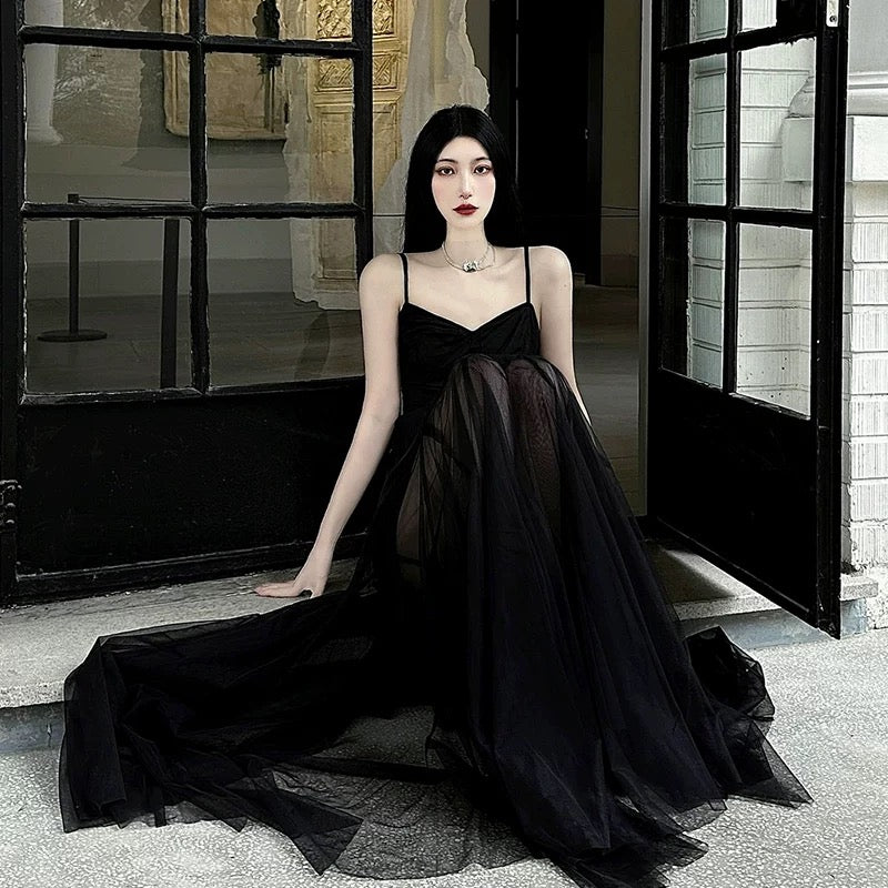 Sexy A Line Spaghetti Straps Black Floor Length Prom Dresses Birthday Dress