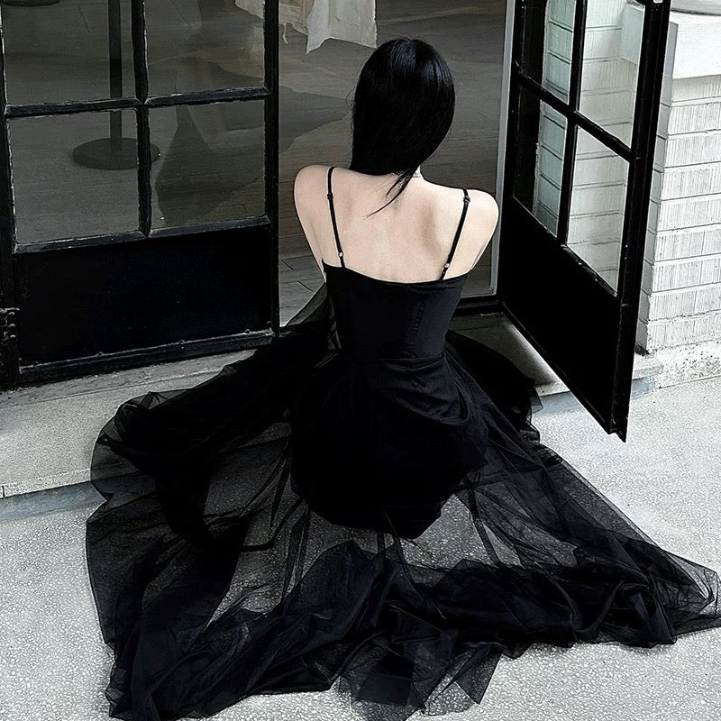 Sexy A Line Spaghetti Straps Black Floor Length Prom Dresses Birthday Dress
