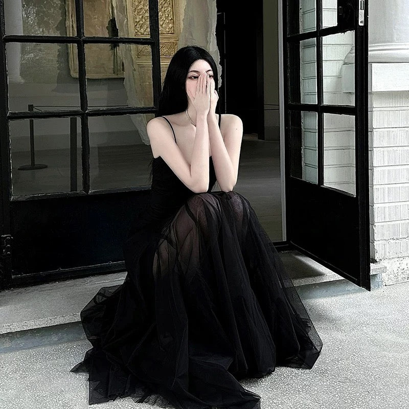 Sexy A Line Spaghetti Straps Black Floor Length Prom Dresses Birthday Dress