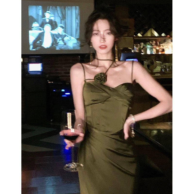 Sexy Sheath Spaghetti Straps Floor Length Green Satin Prom Dresses Birthday Dress
