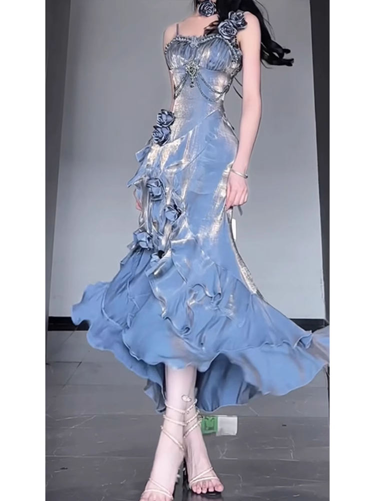 Chic Sheath Spaghetti Straps Blue Long Party Dresses Birthday Outfits