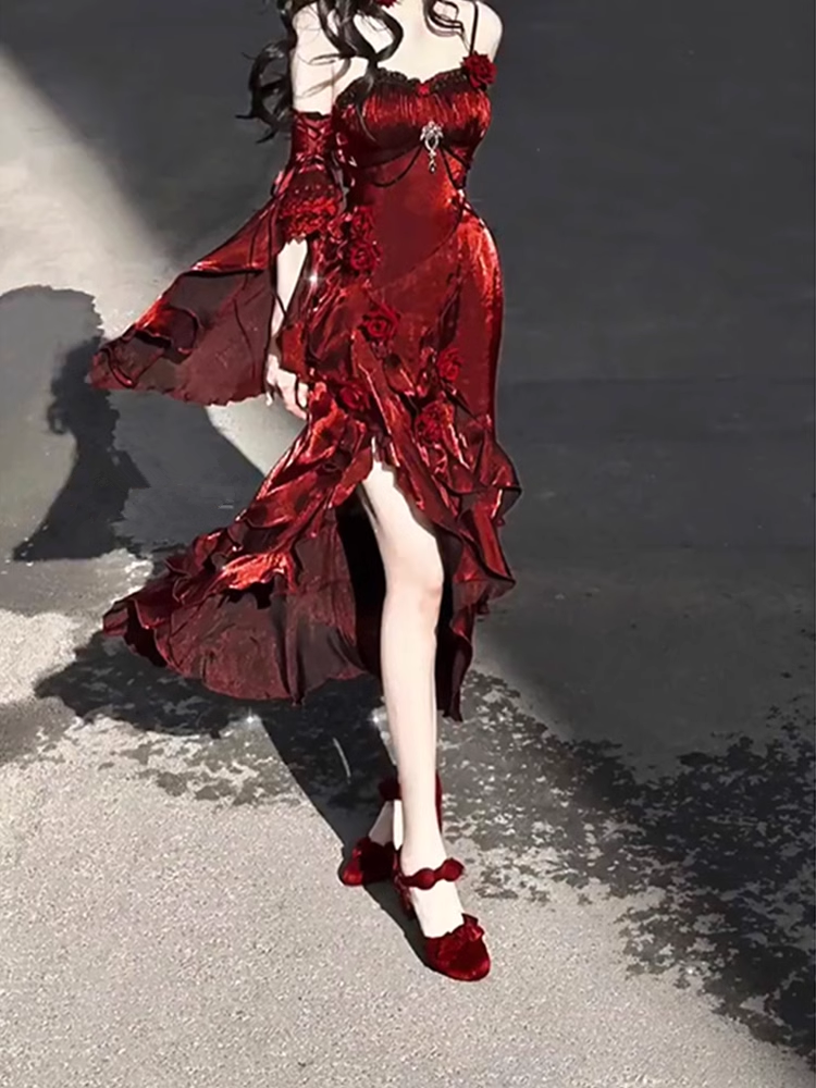 Vintage Sheath Irregular Ruffled Spaghetti Straps Women's Burgundy Birthday Party Dresses With Sleeves
