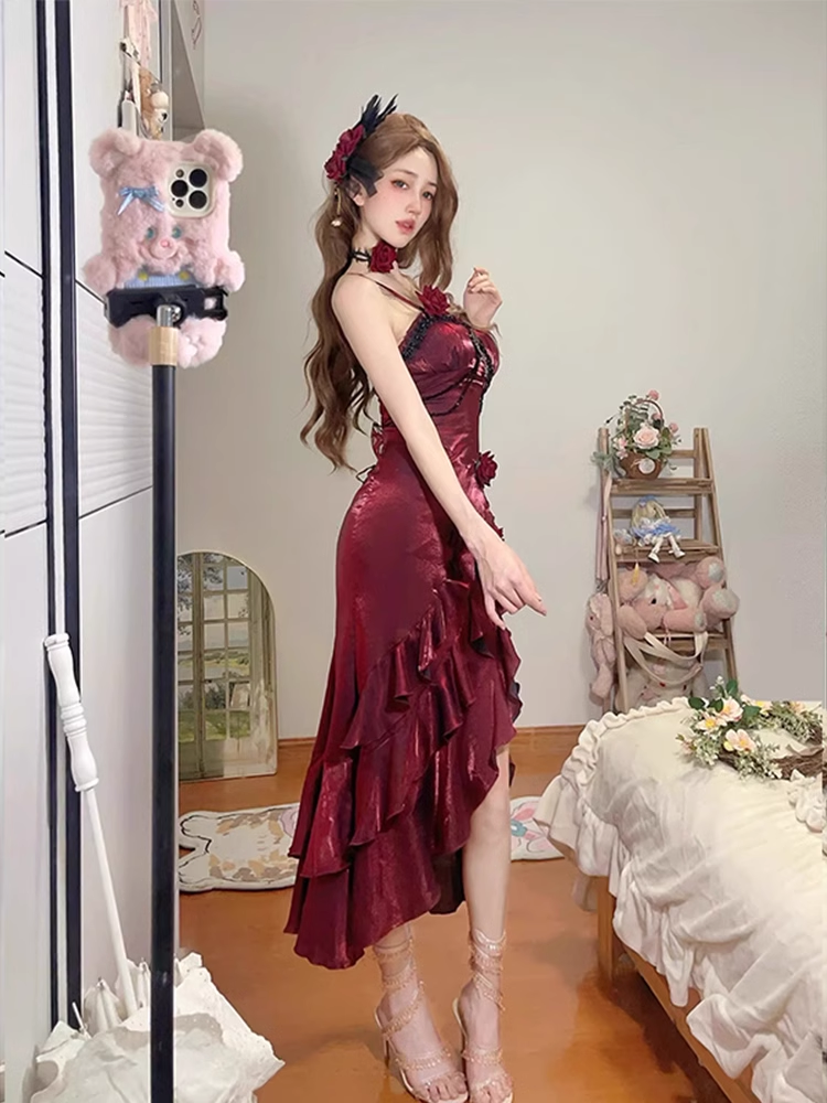 Vintage High Low Irregular Ruffled Spaghetti Straps Women's Burgundy Birthday Outfits Party Dresses With Sleeves