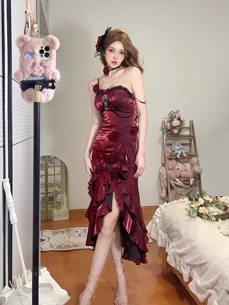 Vintage High Low Irregular Ruffled Spaghetti Straps Women's Burgundy Birthday Outfits Party Dresses With Sleeves