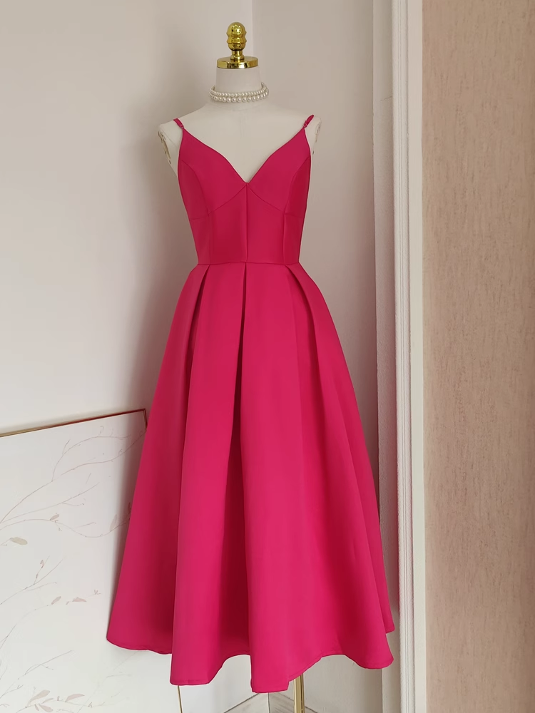 Sexy A line Spaghetti Straps Hot Pink Vacation Dress Satin Women Birthday Dresses