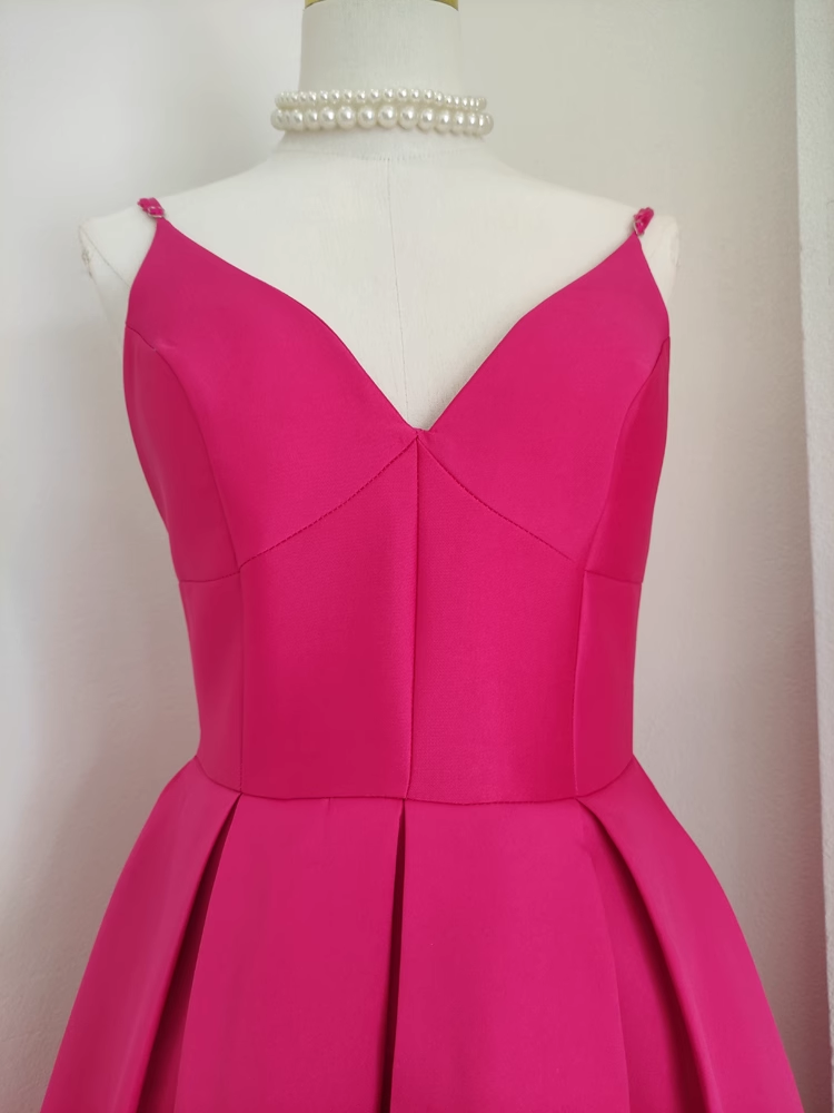 Sexy A line Spaghetti Straps Hot Pink Vacation Dress Satin Women Birthday Dresses