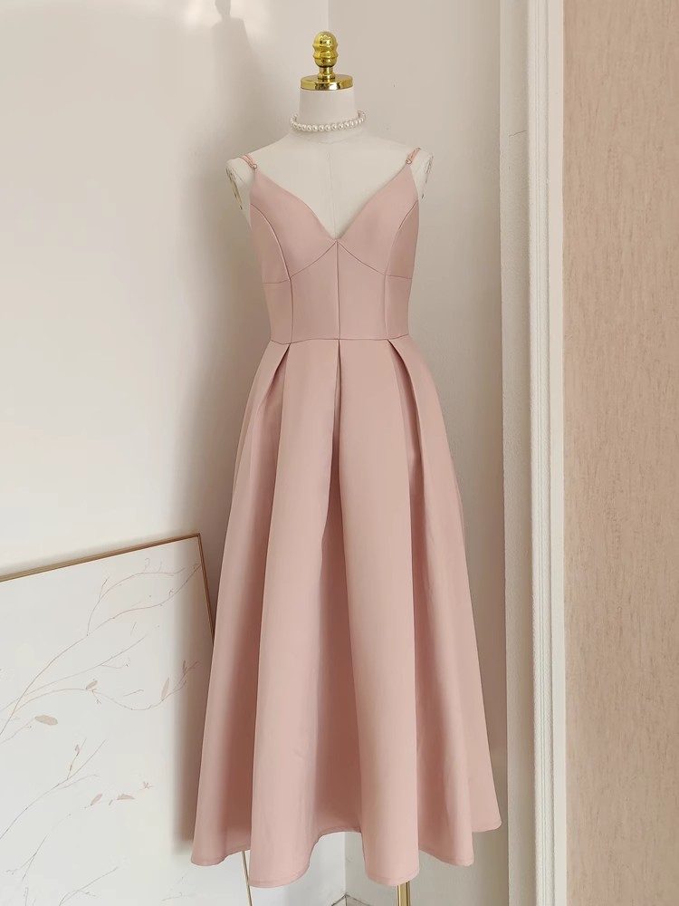 Simple A line Spaghetti Straps Pink Satin Vacation Dress Women Birthday Dresses