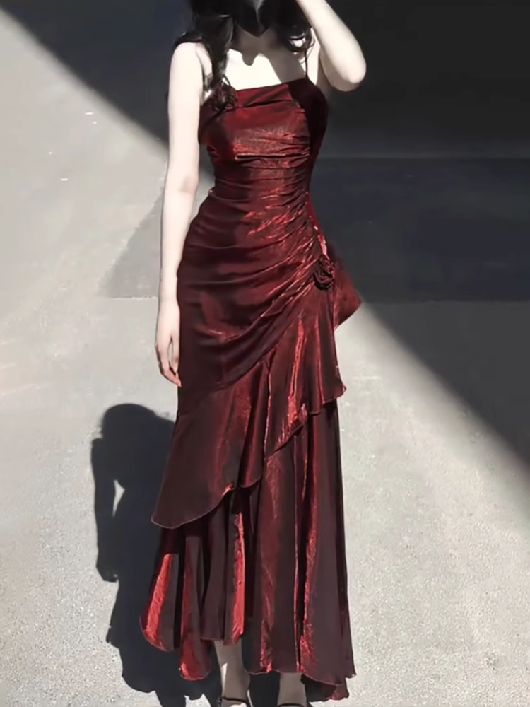 Vintage High Low Spaghetti Straps Burgundy Long Party Dresses Birthday Outfits