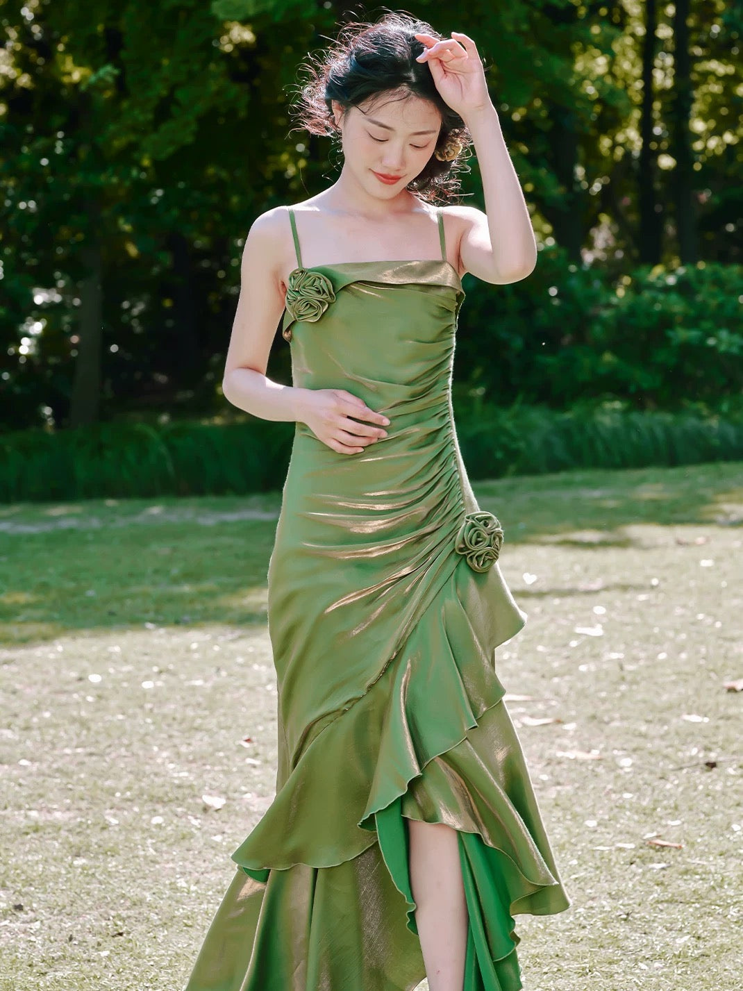 Vintage High Low Spaghetti Straps Ruffles Green Prom Dresses Birthday Outfits
