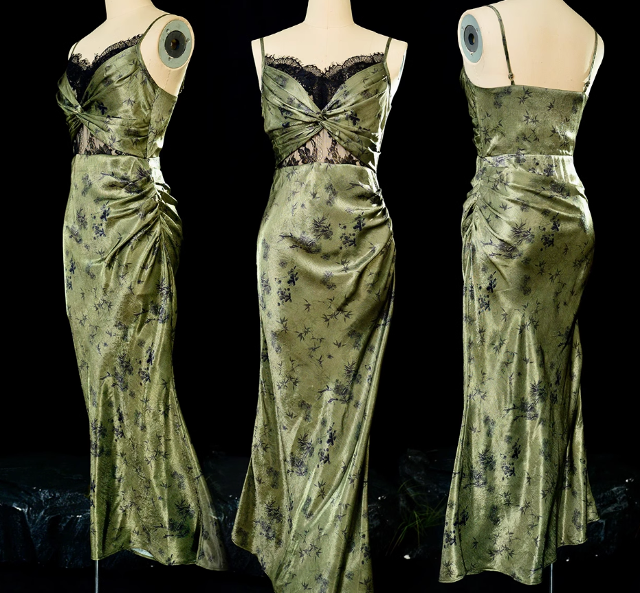 Vintage Sheath Spaghetti Straps Green Lace Ankle Length Prom Dresses Birthday Outfits
