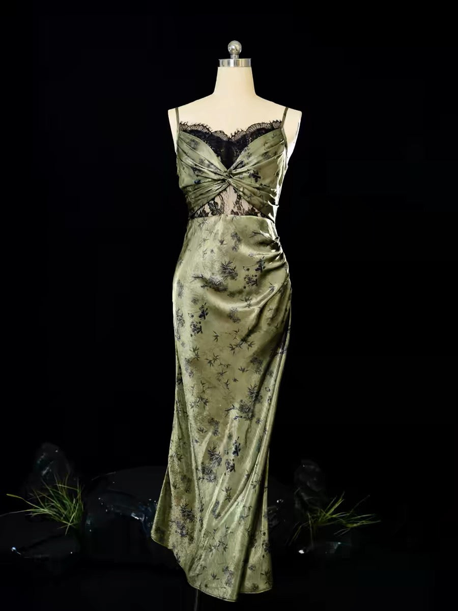 Vintage Sheath Spaghetti Straps Green Lace Ankle Length Prom Dresses Birthday Outfits