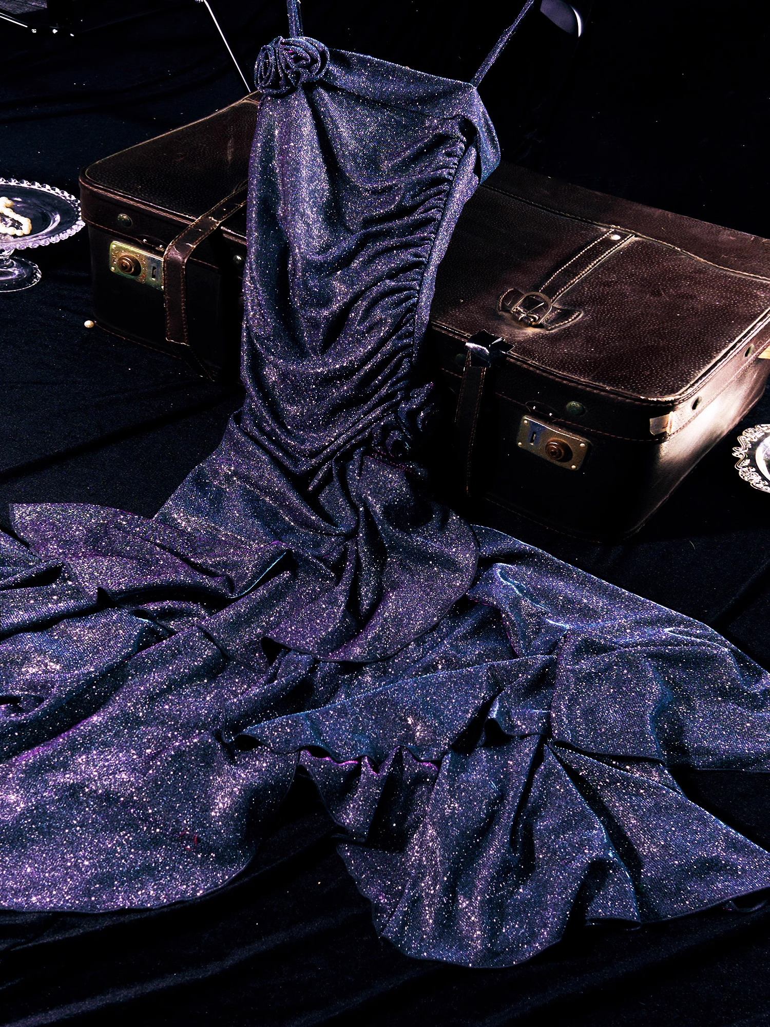 Vintage Mermaid Spaghetti Straps Long Purple Sequin Prom Dresses Birthday Outfits With Flowers