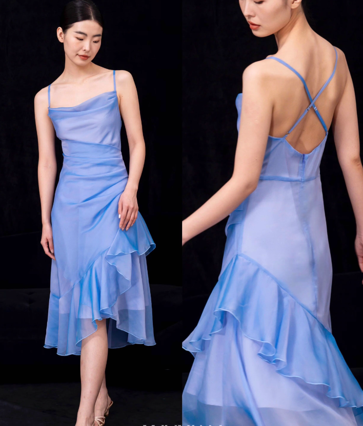 Retro High Low Irregular Spaghetti Straps Blue Knee Length Prom Dresses Birthday Outfits