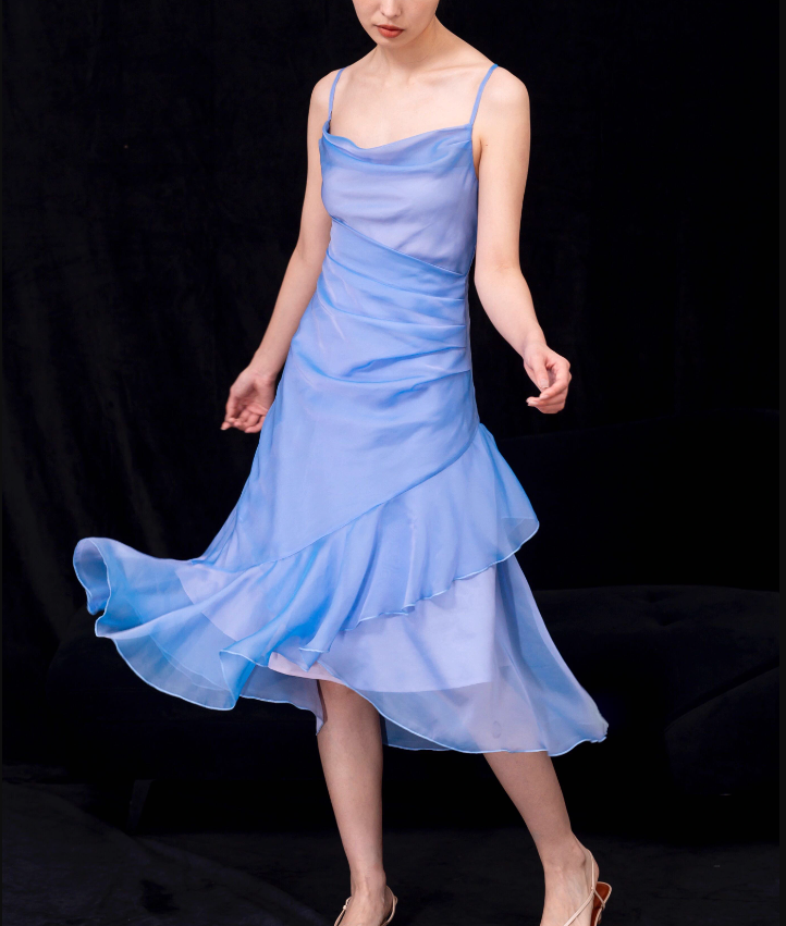 Retro High Low Irregular Spaghetti Straps Blue Knee Length Prom Dresses Birthday Outfits
