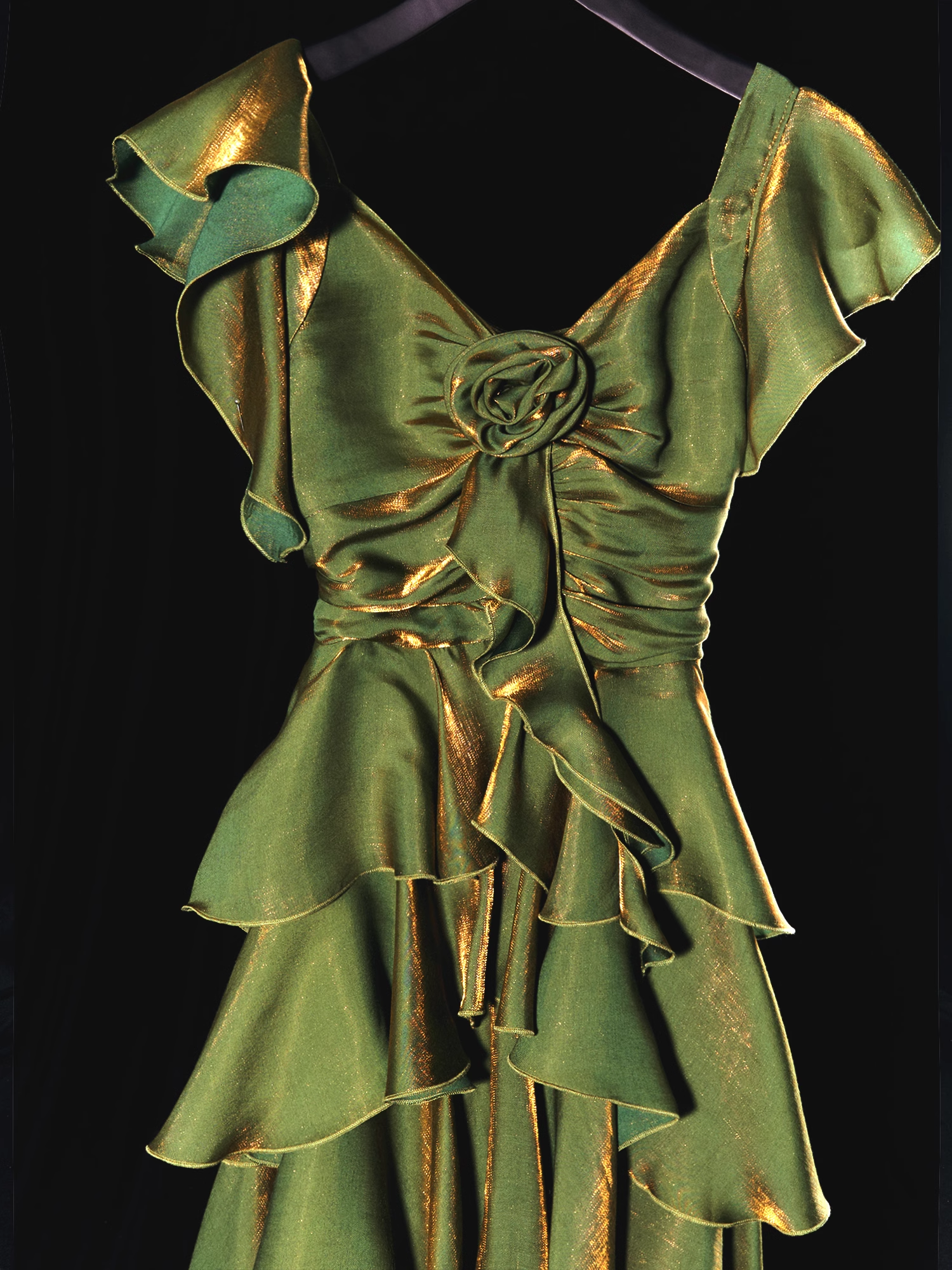 French Retro A line Short Sleeves Green Long Prom Dress Birthday Dresses