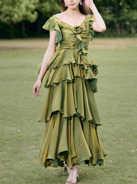 2025 French Retro A line Short Sleeves Green Long Prom Dress Birthday Dresses