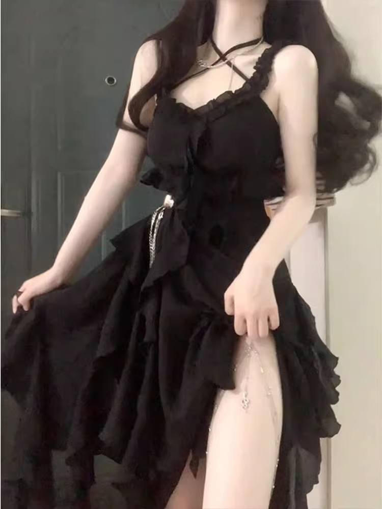 Chic High Low Straps Black Chiffon Ruffles Long Prom Dresses Birthday Outfits