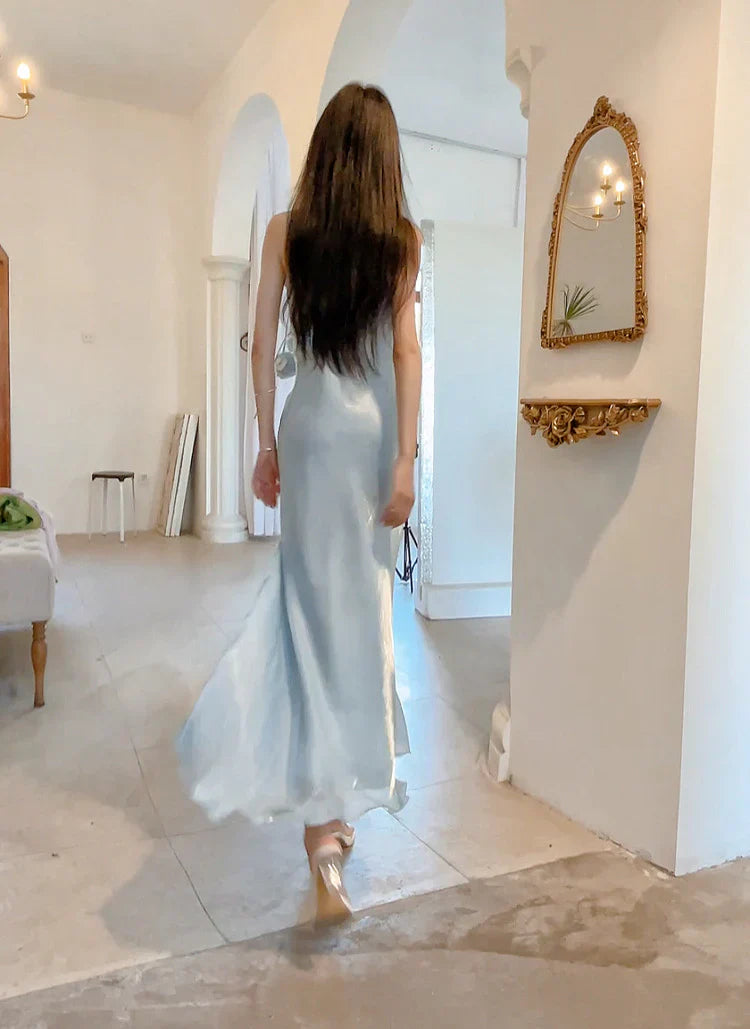 Chic Sheath Spaghetti Straps Light Sky Blue Flower Long Prom Dresses Birthday Outfits