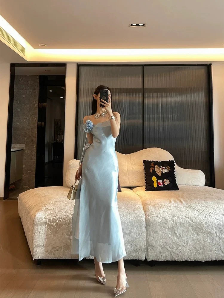 Chic Sheath Spaghetti Straps Light Sky Blue Flower Long Prom Dresses Birthday Outfits